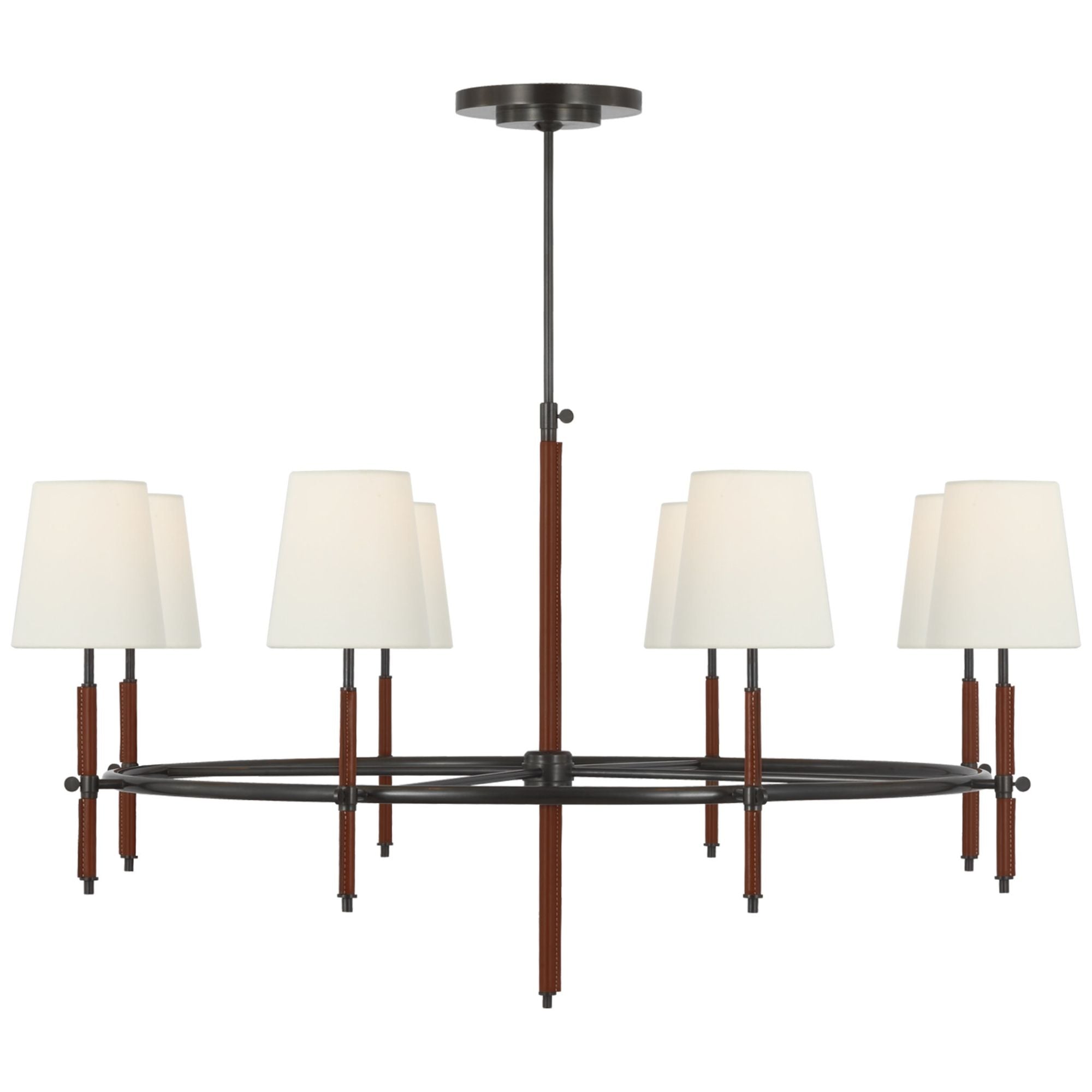 Thomas O'Brien Bryant Wrapped Ring Chandelier in Bronze and Saddle Leather with Linen Shades Ceiling Light W41"