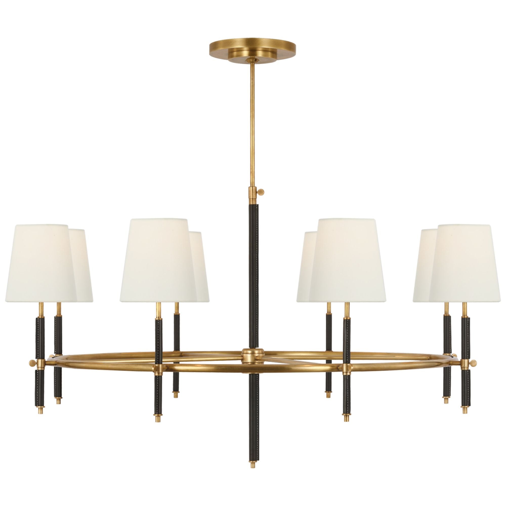 Thomas O'Brien Bryant Wrapped Ring Chandelier in Hand-Rubbed Antique Brass and Chocolate Leather with Linen Shades Ceiling Light W41"