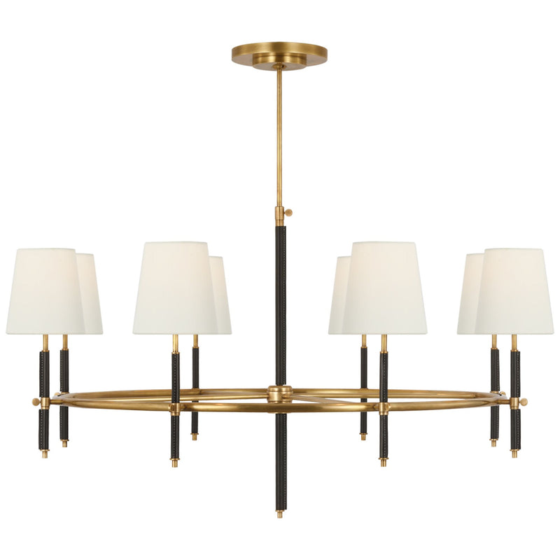 Thomas O'Brien Bryant Wrapped Ring Chandelier in Hand-Rubbed Antique Brass and Chocolate Leather with Linen Shades
