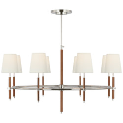 Thomas O'Brien Bryant Wrapped Ring Chandelier in Polished Nickel and Natural Leather with Linen Shades