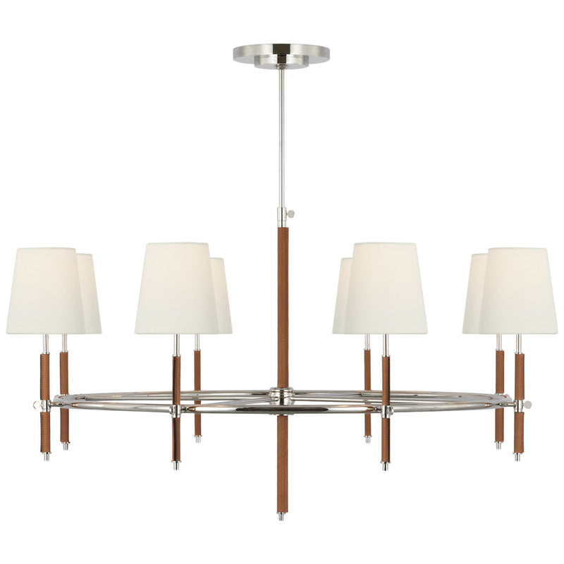 Thomas O'Brien Bryant Wrapped Ring Chandelier in Polished Nickel and Natural Leather with Linen Shades