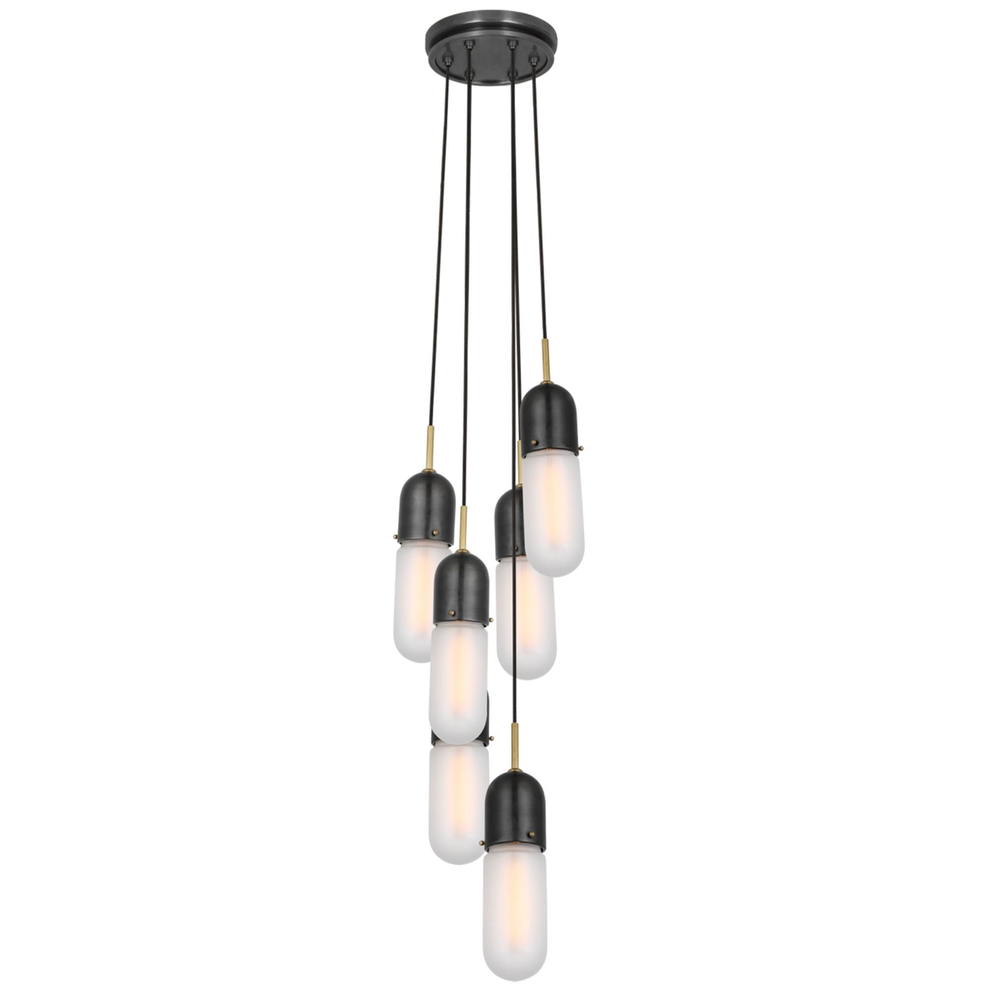 Thomas O'Brien Junio 6-Light Pendant in Bronze and Brass with Frosted Glass