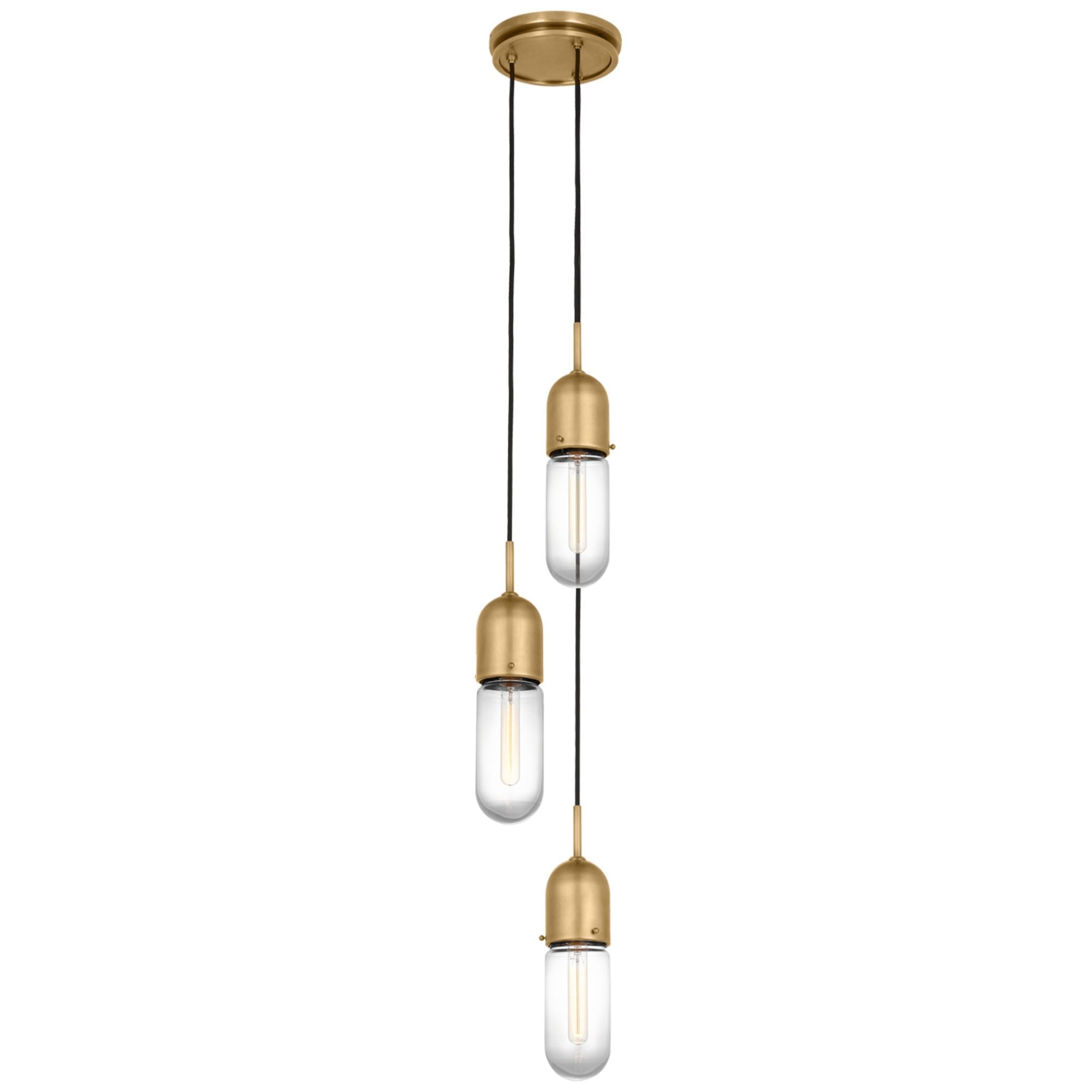 Thomas O'Brien Junio 3-Light Pendant in Hand-Rubbed Antique Brass with Clear Glass