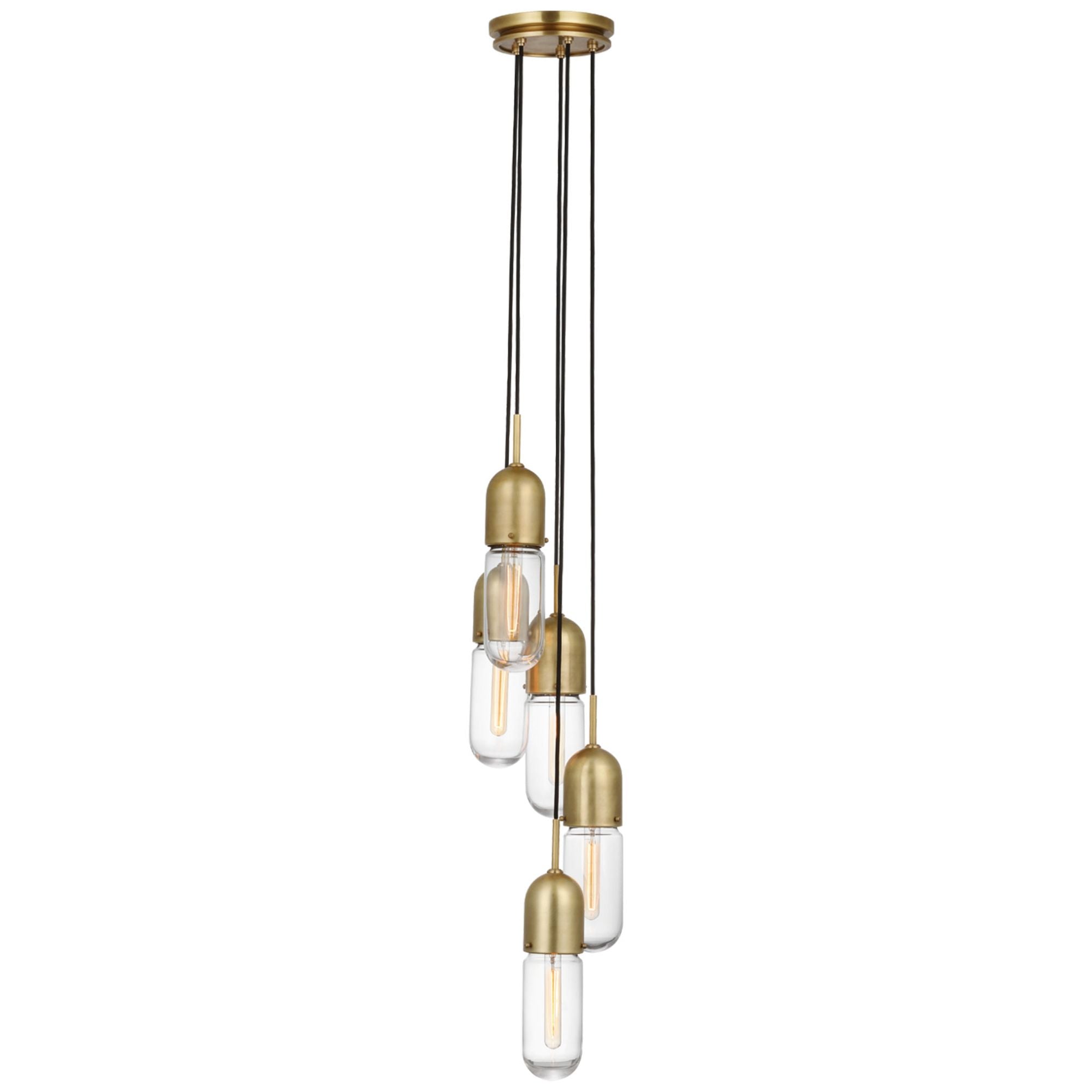 Thomas O'Brien Junio 5-Light Pendant in Hand-Rubbed Antique Brass with Clear Glass