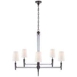 Thomas O'Brien Lyra Two Tier Chandelier in Bronze and Crystal with Linen Shades