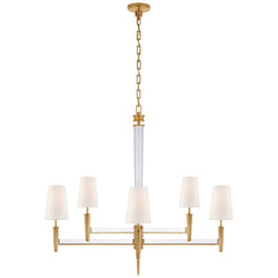 Thomas O'Brien Lyra Two Tier Chandelier in Hand-Rubbed Antique Brass and Crystal with Linen Shades