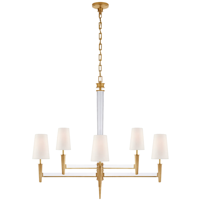 Thomas O'Brien Lyra Two Tier Chandelier in Hand-Rubbed Antique Brass and Crystal with Linen Shades